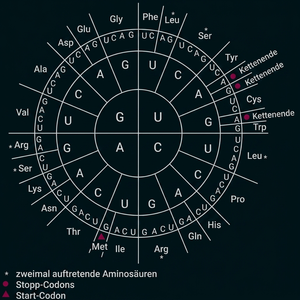 Genetischer Code-Rad mit RNA-Codons, zugeordneten Aminosäuren sowie Start- und Stopp-Codons.